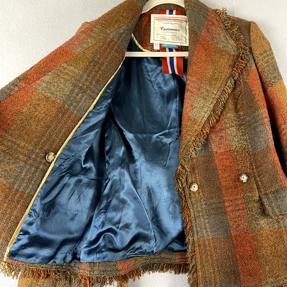Anthropologie Cartonnier Plaid Wrap Blazer Women 0 Brown Fringe Tweed Fall - Picture 4 of 16